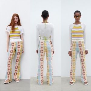 New S Zara Crochet Pants Flare Blogger Fave Ivory Yellow Granny Square Pants 70s